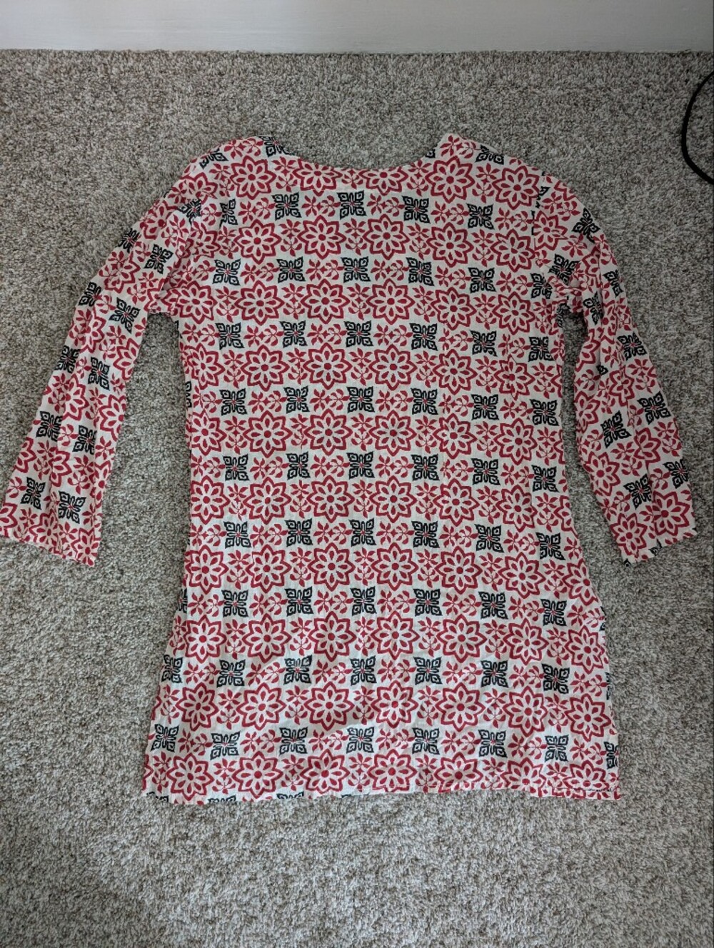 Women's Red and White Floral Geometric Print Tunic Top In Lightweight Cotton M - Picture 3 of 8